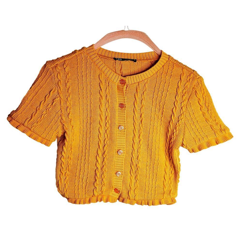 ZARA new label SzSm Orange Ruffled Crop cable knit mini top. Fisherman twist.